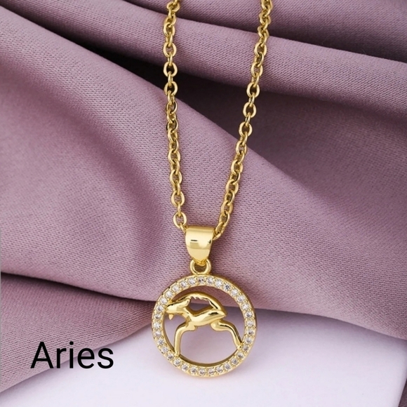 Aries Zodiac Necklace Zircon Gold Plated Stainless Steel - Picture 13 of 14